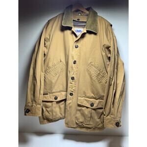 Vtg Cintas Men’s Barn Chore Coat Tan Jacket Sz L Corduroy Collar Plaid Lining